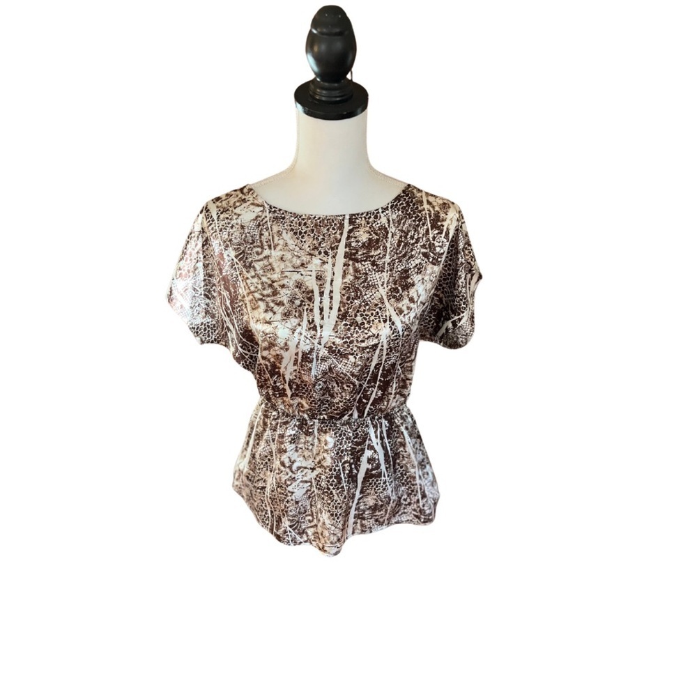 IZByer Satin Blouse with Brown Geometric and Animal Print Work to Evening Sz L